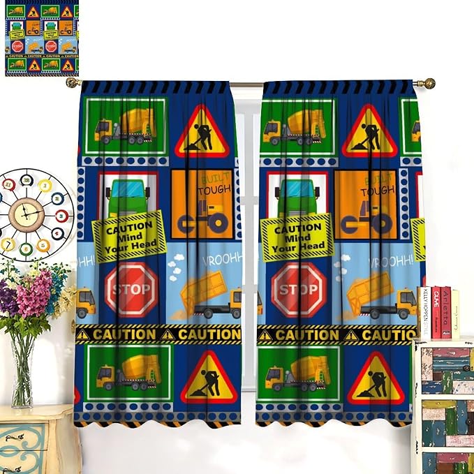 Kids Construction Blackout Curtain,Equipment Trucks Cartoon Car Vehicles Green Plaid Window Curtains Dining Room Living Room Kitchen Cafe Bedroom Office Nursery Drapes,42x45 in