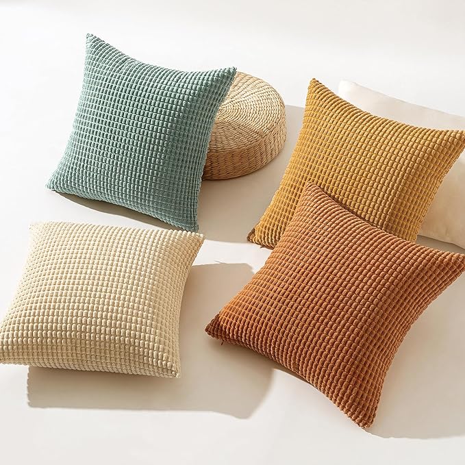 MIULEE Farmhouse Decorative Pillow Covers 18x18 Inch Set of 4 Orange/Teal | Rustic Modern Fall Home Decor Couch Home Decor Couch Throw Pillows Autumn Corduroy Pillowcases for Sofa Living Room Bed