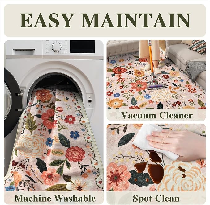 2x3 Washable Area Rug for Entryway Vintage Boho Floral Rug Non-Slip Low Pile Soft Faux Wool Small Carpet Kids and Pets Friendly for Bathroom Bedroom Kitchen Hallway Bedside Home Decor Rug Beige Pink