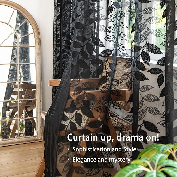 Treatmentex Lace Black Sheer Curtains for Bedroom Living Room Studio 84inch Long Elegant Leaf Embroidered Semi Sheer Curtain Panels for Country Farmhouse Decor 54" w 2pcs 7ft