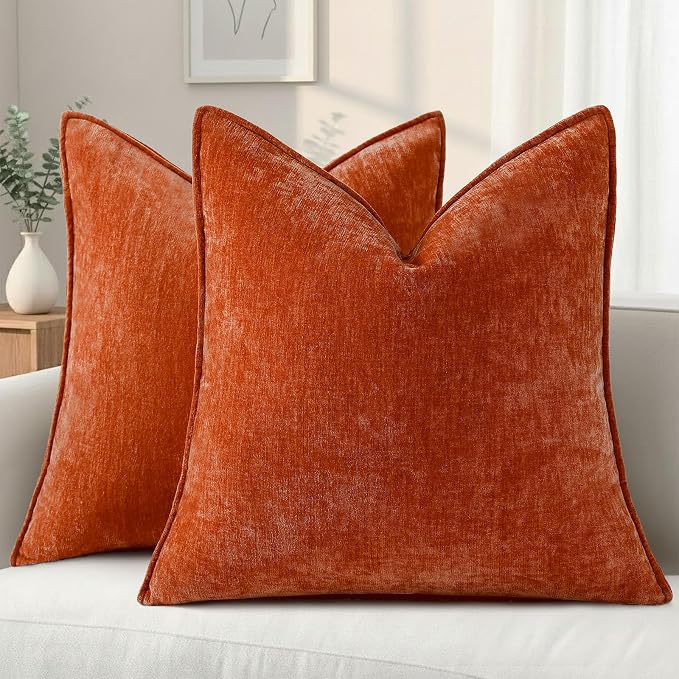 decorUhome Fall Couch Euro Sham Throw Pillow Covers 24x24 Set of 2, Decorative Soft Velvet Modern Cozy Chenille Pillow Cases with Elegant Design for Sofa Bed Living Room Home Decor, Rust