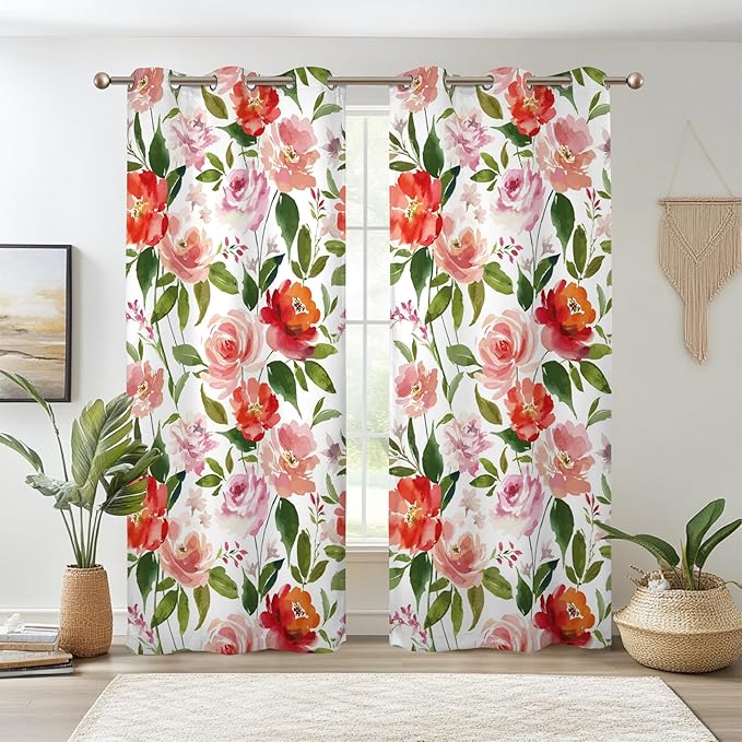 Renaiss Watercolor Flowers Curtains Rose Peony Floral Print Blackout Window Curtain Panels Thermal Insulated Grommet Top Window Curtains for Living Room Bedroom 29W x 45L Inch 2 Panel Set
