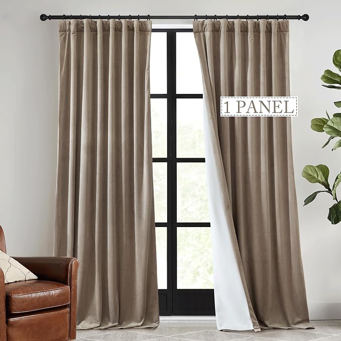 RYB HOME Camel Beige Velvet Curtains 96 inch, Heavy Duty 2-Layer Window Curtains with Pleat Tape Blackout Shades for Bedroom Thermal Insulated Privacy Drapes for Living Room, W48 x L96 inch, 1 Panel