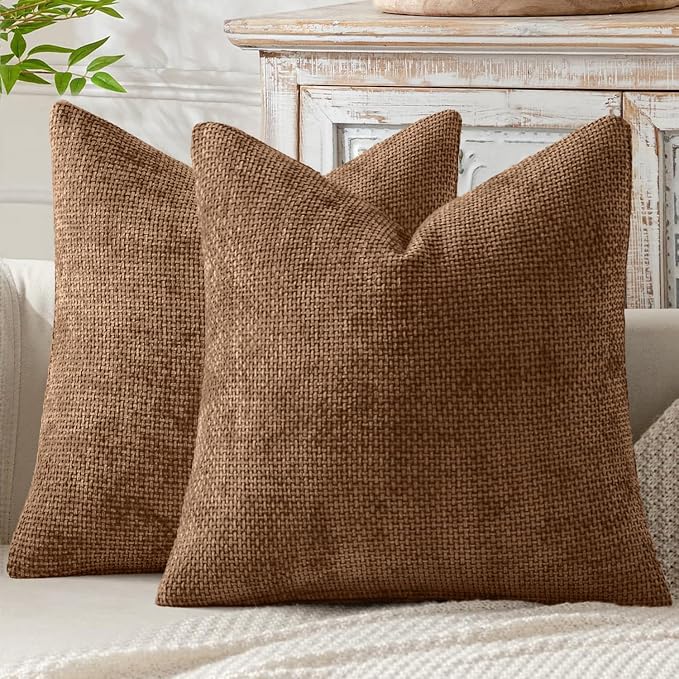 MIULEE Pack of 2 Couch Throw Pillow Covers 18x18 Inch Neutral Golden Brown Boho Accent Decorative Pillow Covers Soft Chenille Farmhouse Cushion Covers for Home Decor Bed Sofa Living Room