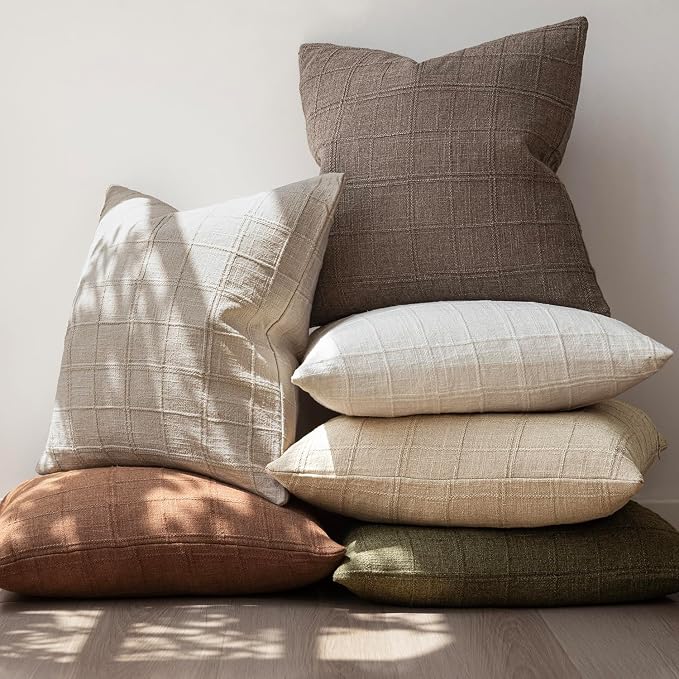 Foindtower Set of 2 Decorative Linen Check Throw Pillow Covers Neutral Farmhouse Vintage Cushion Covers Modern Boho Home Decor for Sofa Chair Couch Bedroom Living Room,20×20 Inch,Taupe Grey