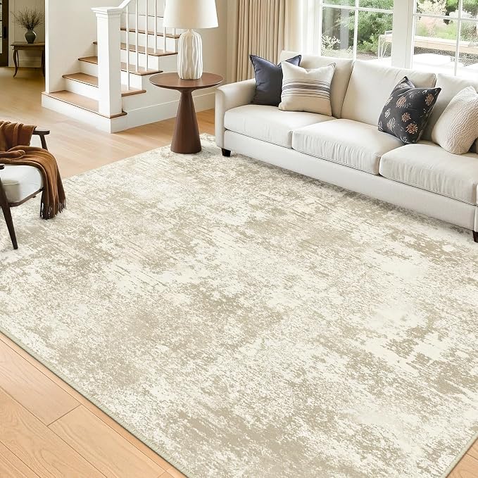 RELEANY Washable Area Rugs 5'x7' Non-Slip Modern Abstract Soft for Living Room Entryway Bedroom Kitchen, Print Pattern, Beige Cream Brown