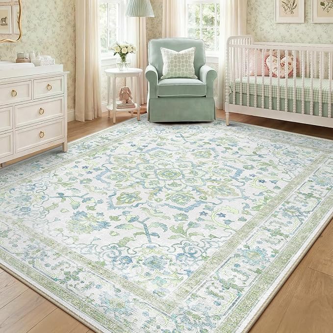 CAPALOCA Machine Washable Rugs Nursery Rug 5x8 Cute Girl Non Slip Low Pile Water Repellent Soft Print Pattern for Bedroom Indoor Decor Kids Playroom Green Blue