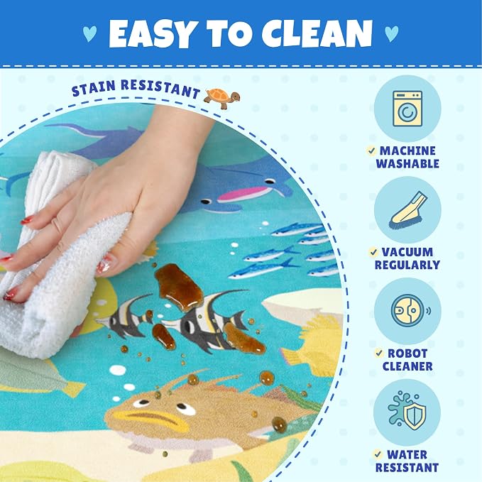 4x6 Ocean Rug for Kids Playroom – Sea Life Learning Carpet with Mermaid, Submarine & Whales, Soft Washable Stain Resistant Playful Area Rug for Kids, Educational Underwater Theme Carpet