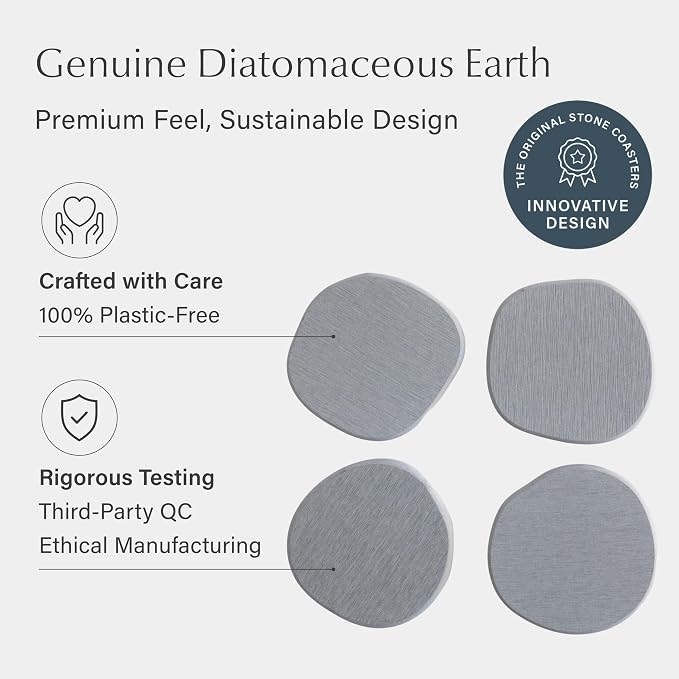Dorai Home Stone Coasters Set - Diatomaceous Earth Water-Absorbing Drink Coaster for Coffee Table, Kitchen or Bar, Modern Stone Appearance | Ash - Set of 4