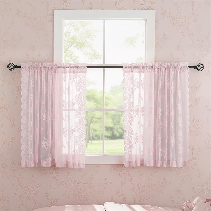 Pink Short Lace Curtains 36 Inch Length, 2 Panels, W42 x L36 Inch Each, Country Rustic Floral Short Sheer Curtains for Kitchen Window Over Sink, Rod Pocket Privacy Light Filtering Small Cafe Curtains