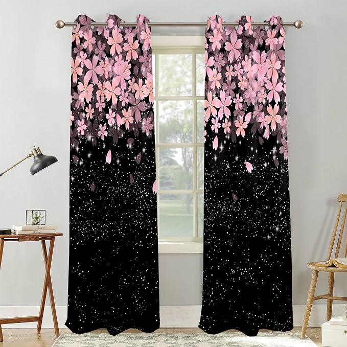 Renaiss Pink Cherry Patels Blackout Curtains, Japanese Cherry Flowers Thermal Insulated Bedroom Window Curtains, Black Floral Bossom Window Drapes for Living Room, 63" L x 42" W 2 Panel Set