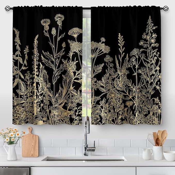Aimego Flower Leaves Kitchen Curtains - Golden Floral Spring Rustic Plant Botanical Cafe Farmhouse Small Short Curtains for Bathroom RV Rod Pocket Window Drapes 24 Inch Length 2 Panels Set
