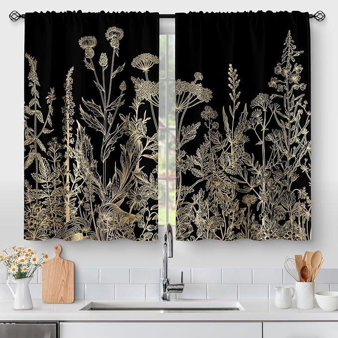 Aimego Flower Leaves Kitchen Curtains - Golden Floral Spring Rustic Plant Botanical Cafe Farmhouse Small Short Curtains for Bathroom RV Rod Pocket Window Drapes 30 Inch Length 2 Panels Set