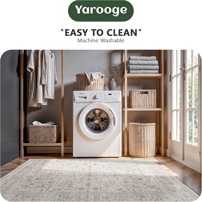 8x10 Area Rugs for Living Room, Washable Vintage Retro Floral Rug, Low Pile Non Slip Distressed Large Carpet for Bedroom, Dining Room, Office, Home (Light Brown)