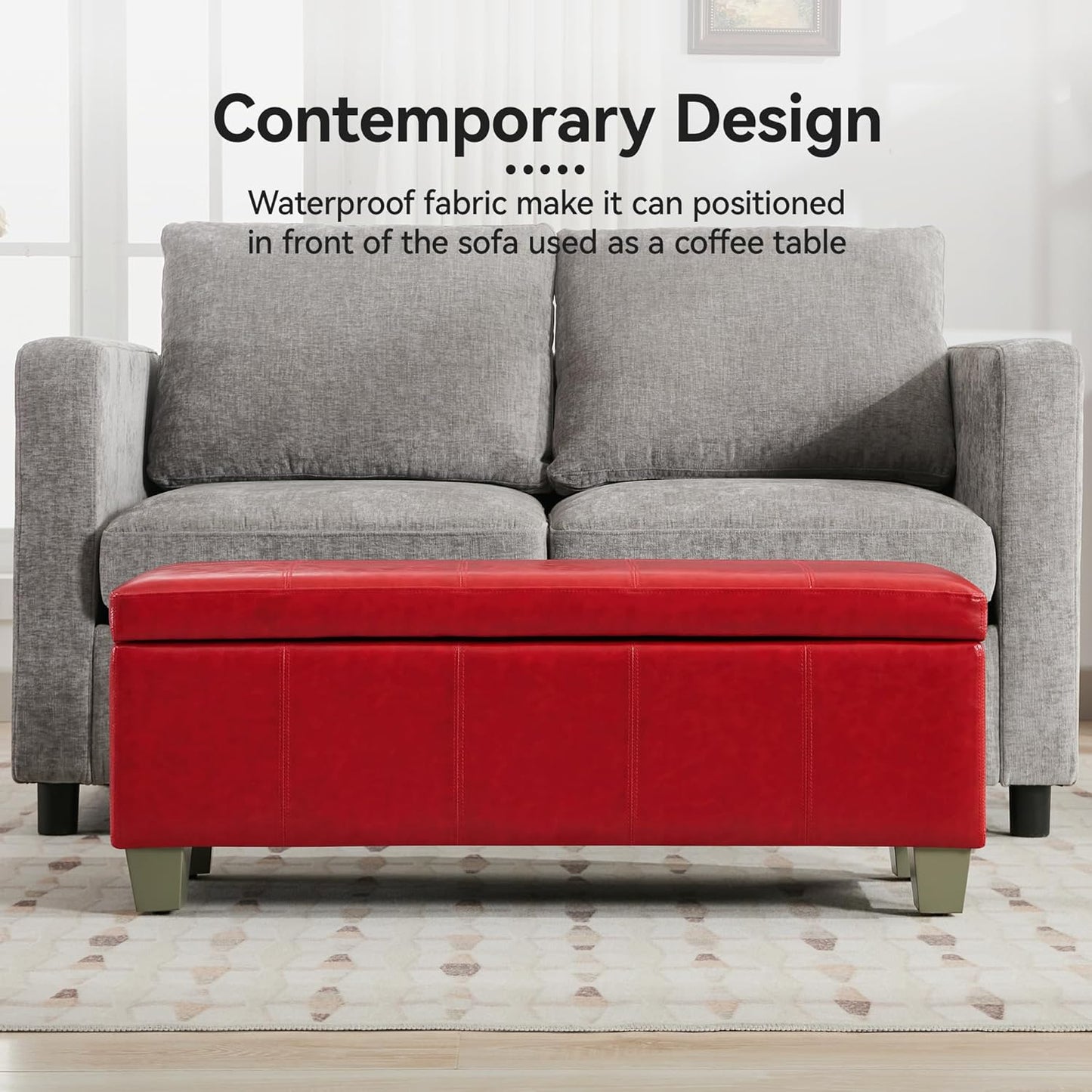 41" Faux Leather Storage Ottoman, Stitch Tufted Rectangle Upholstered End of Bed Storage Bench, Entryway Large Couch Ottoman with Wooden Legs,Red