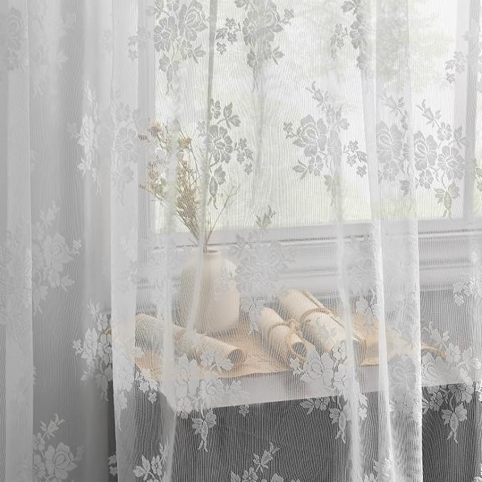 Kotile Lace Kitchen Curtains 45 Inch Length, Country Rustic Floral White Lace Curtains for Small Window, Rod Pocket Privacy Sheer Curtain, 42 x 45 Inch Each, 2 Panels, White