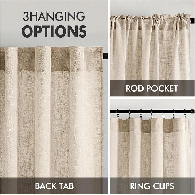 MIULEE Light Taupe Linen Curtains 96 Inches Long 2 Panels for Bedroom Living Room, Soft Linen Textured Window Drapes Semi Sheer Light Filtering Back Tab Rod Pocket Farmhouse Modern Burlap Look Decor