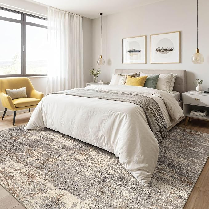 6x9 Area Rugs Living Room: Washable Large Abstract Neutral Modern Soft Rug Stain Resistant Indoor Floor Non-Slip Accent Carpet for Bedroom Nursery Playroom Dining Room Office Home- Sand Brown Black