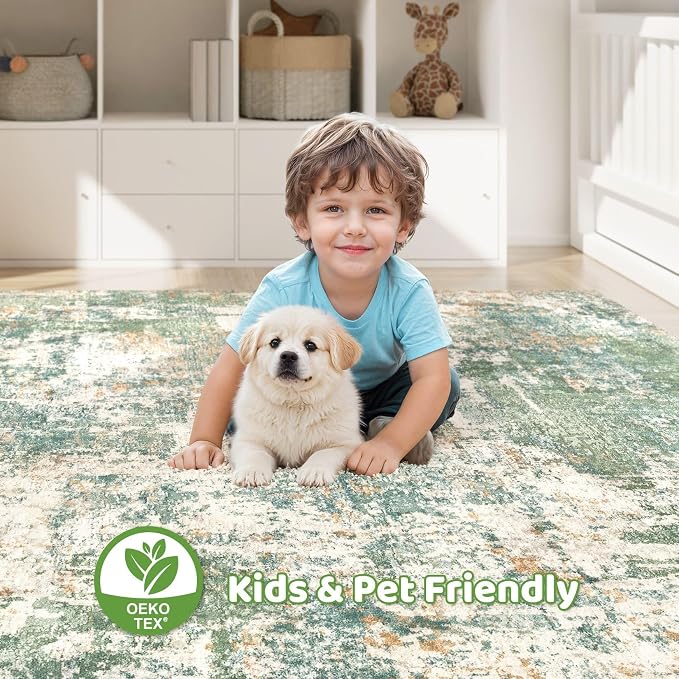 LOONGRUG 5x7 Area Rugs Living Room: Washable Large Abstract Soft Green Rug Stain Resistant Indoor Floor Non-Slip Accent Carpet for Men Modern Home Enthusiasts Aged 25-45 - Bedroom Office Playroom