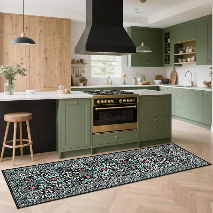 GarveeHome Floral Hallway Runner Rug Non-Slip, 2.5x10 Washable Rugs Ultra-Thin Soft Rug for Hallways, Kitchen Mat Stain Resistant Carpet for Entryway Bathroom, Black