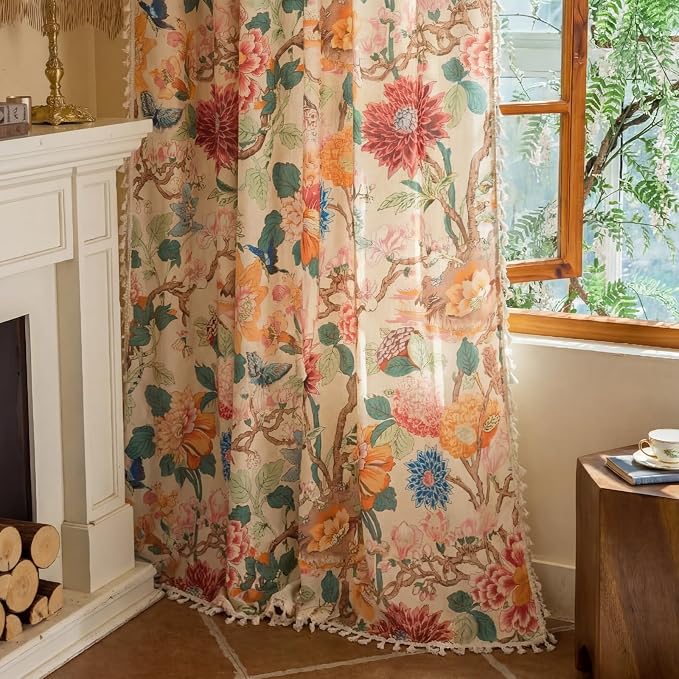 OYX Boho Floral Curtains 84 Inch, Linen Farmhouse Flower Drapes with Lace & Tassels, Light Filtering Semi Sheer Curtains for Living Room Bedroom, 2 Panels
