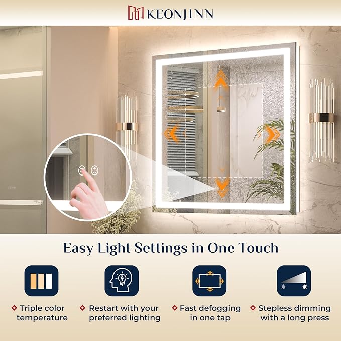 Keonjinn LED Bathroom Mirror with Lights 36" x 36", Frontlit & Backlit LED Mirror for Bathroom Wall with Dimmable 3-Color Lights, Anti-Fog Mirror with HD Tempered Glass, UL-Listed LED Driver