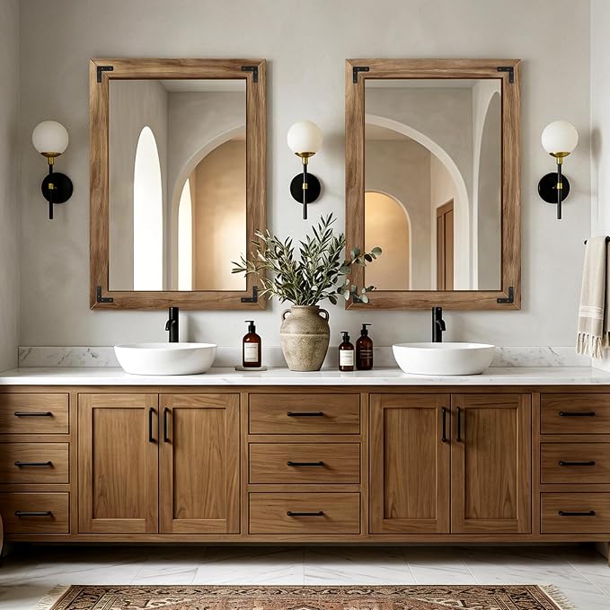 AMOISE Farmhouse Bathroom Vanity Mirror, 40" x 28" Wood Frame Wall Mirror, Vintage Rustic Decor for Entryway, Bedroom, Living Room, Vertical or Horizontal Hanging