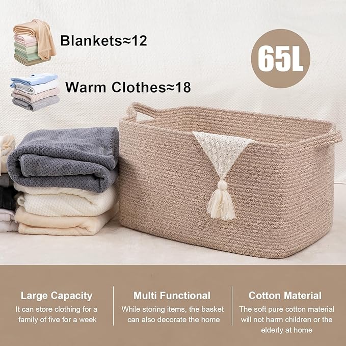 65L Cotton Rope Large Blanket Basket (19.7"x15.7"x11.8") for Living Room, Kids Room & Laundry, Storage Basket with Handle for Organizing Blankets, Pillows, Clothes & Toys, Brown