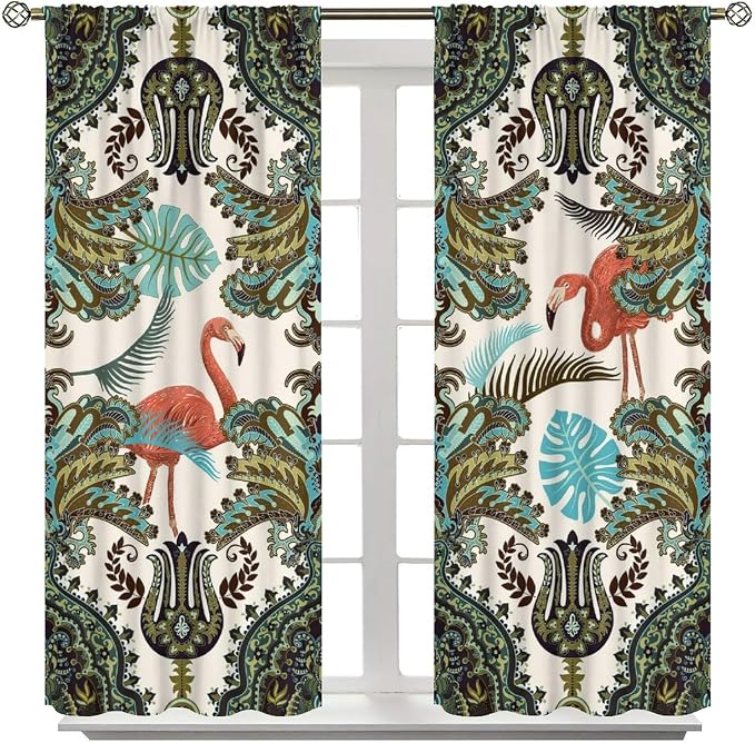 Bohemian Tropical Curtains, Natural Forest Botanical Boho Style, Bedroom Living Room Kitchen Blackout Rod Pocket Curtains63X72 Inch