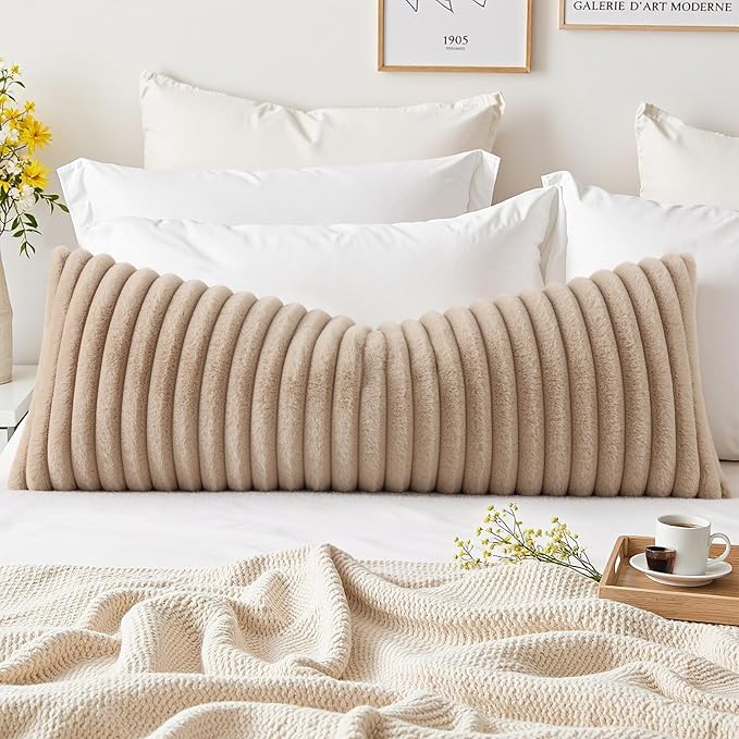 decorUhome Fall Cozy Faux Fur Throw Pillow Covers 14x36 Pack of 1 Decorative Soft Plush Striped Lumbar Modern Farmhouse Boho Couch Pillow Cases with Velvet Back for Sofa Bed Living Room, Khaki Brown