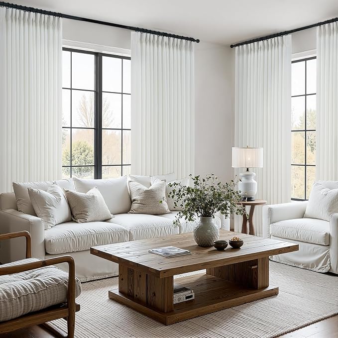 105 Inch Curtains 2 Panels Set,Two Packs Pinch Pleat Back Tab Linen Window Semi Sheer Privacy Thick Decorative Curtain Drapes for Living Room Bedroom,40x105 in Long,Ivory/Snow White