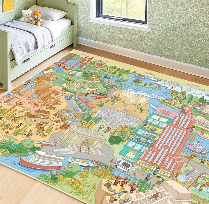 Patriotic Large 8x10 Kids Playroom Rug – North America Geography Carpet with Landmarks, Wildlife & U.S. Presidents – Giant Educational Area Rug for Homeschool, Daycare, Classroom, or Pretend Play Area