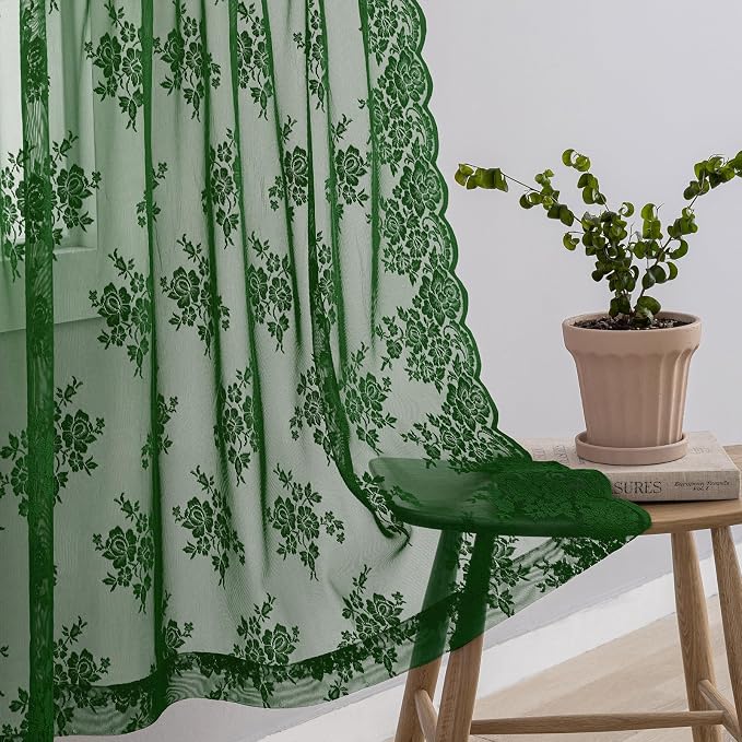 Kotile Dark Green Sheer Curtains 45 Inch Length 2 Panels Set Rustic Floral Froest Hunter Green Short Lace Curtains for Small Windows, Rod Pocket Privacy Sheer Lace Café Curtains, Each 42 x 45 Inch