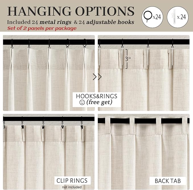 Extra Wide Pinch Pleat Thick Linen Sheer Curtains 96 Inches Long for Living Room, Cream Beige Viral Bedroom Curtain 2 Panels Set Light Filtering Farmhouse Window Drape Privacy Ceiling Track 70"W x96"L