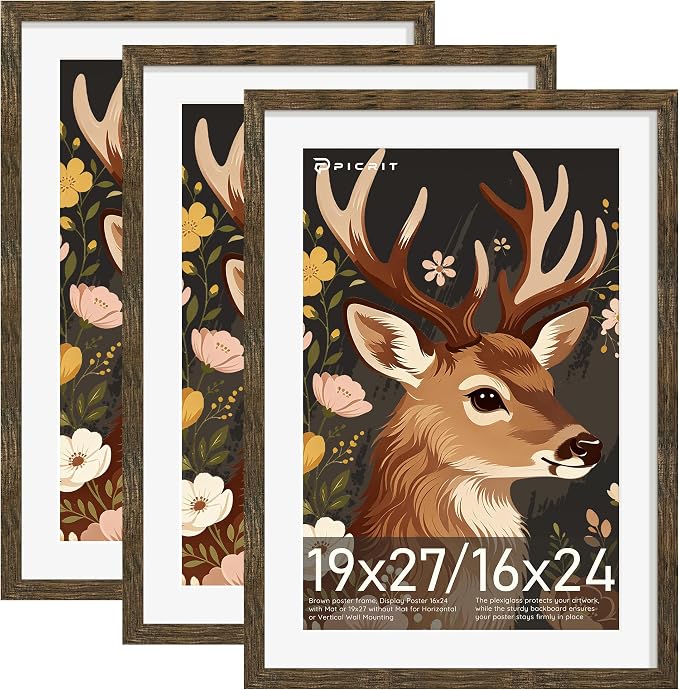 Picrit 19x27 Picture Frame 3 Pack, Wooden Brown Rustic Poster Frame, Display Poster 16 x 24 with Mat or 19 x 27 without Mat for Horizontal or Vertical Wall Mounting