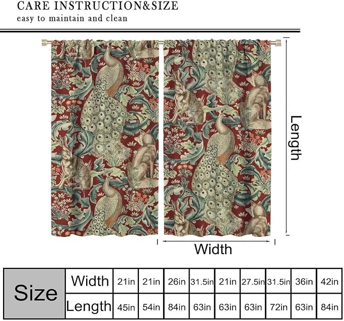 Vintage William Morris Wildlife Blackout Window Curtains, Rustic Boho Animal Plant Window Drapes, for Living Room Bedroom 36(W)*63(L) 2 Panels