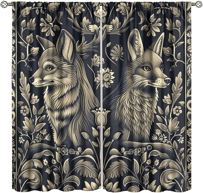 Vintage William Morris Blackout Curtains, Rustic Forest Abstract Country Fox Flower Window Drapes, for Bedroom Living Room 72" W X 63" L