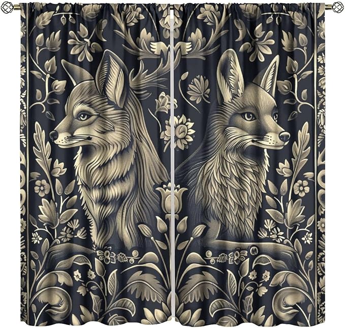 Vintage William Morris Blackout Curtains, Rustic Forest Abstract Country Fox Flower Window Drapes, for Bedroom Living Room 42" W X 54" L