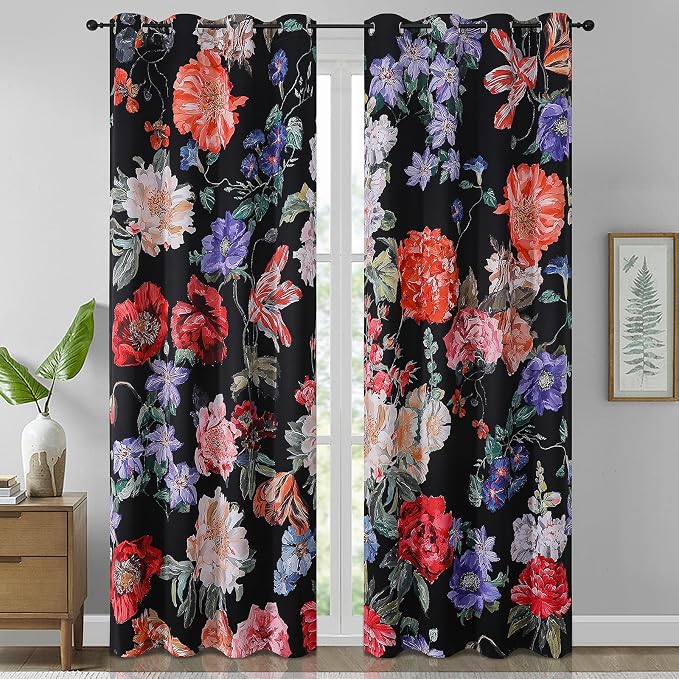 Estelar Textiler Blackout Boho Floral Curtains 108 inch Length 2 Panels Set，Rustic Vintage Flowers Print Patterned Black Out Curtains Thermal Insulated Window Drapes for Bedroom/Living Room,52Wx108L