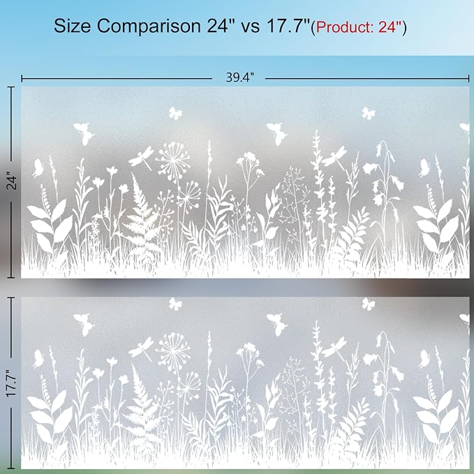 Window Privacy Film 24" x 39.4", Frosted Glass Window Film with Floral Pattern Decorative Privacy Window Film Static Cling No Glue Light Filtering UV Blocking for Home Bathroom Office