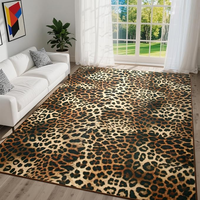DweIke Leopard Rugs for Living Room, 6x9 Cheetah Print Rug for Bedroom Decor, Washable Non-Slip Stain Resistant Faux Animal Throw Carpet for Dining Room Office Western Home, Dark Brown