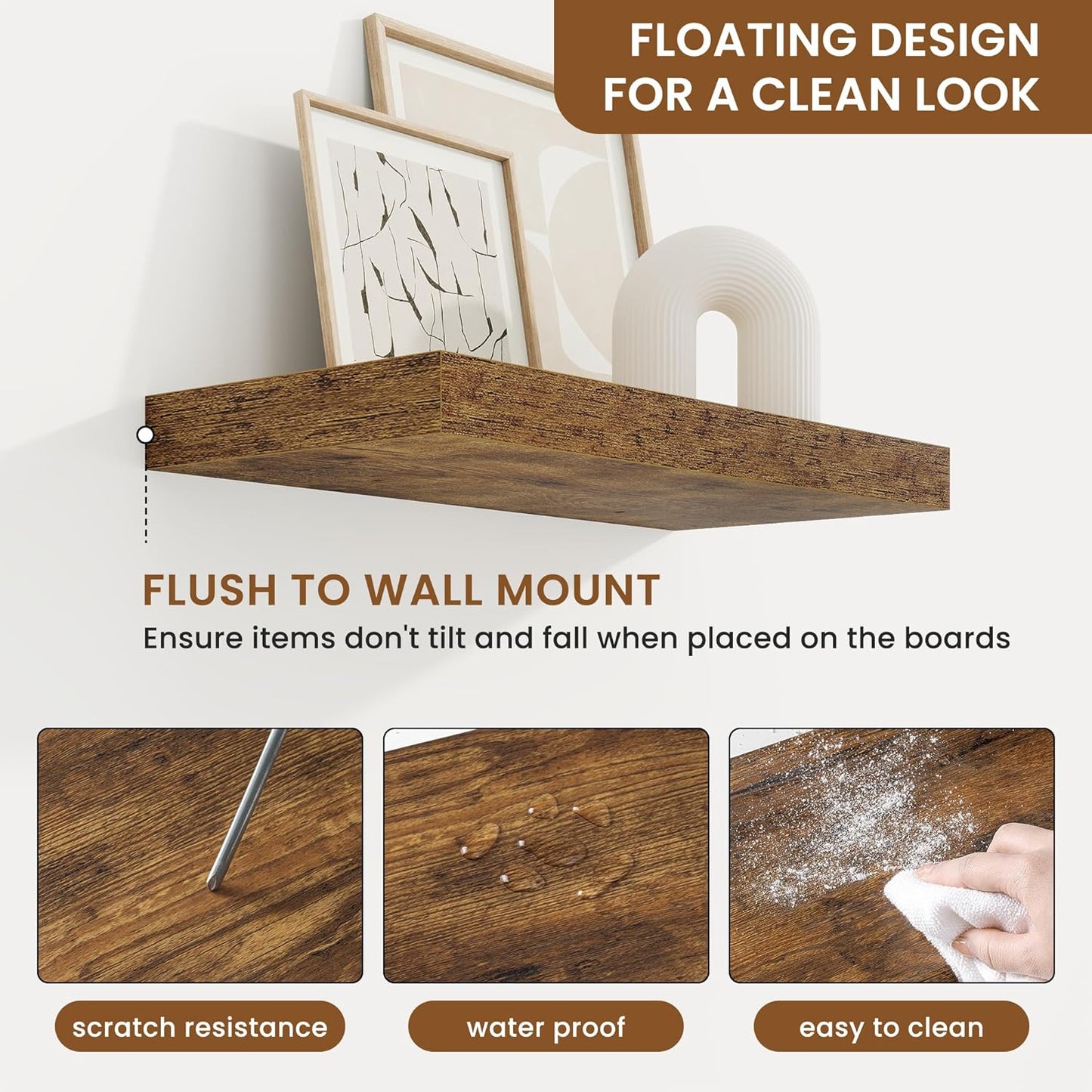 fuqing Floating Shelves for Wall, Bathroom Shelf Wall Mounted for Storage, Shelves with Invisible Bracket for Bedroom, Kitchen, Living Room, Farmhouse Small Book Shelf, 16 Inch Set of 2, Rustic Brown