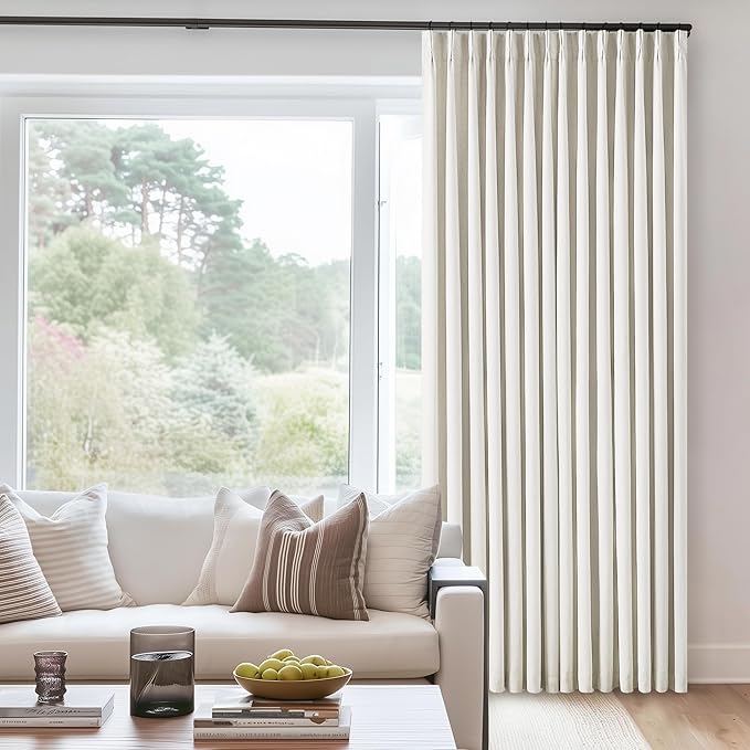Natural Linen 100% Black Out Pinch Pleated Curtains 108 Inches Long 2 Panels Set for Bedroom Cream Back Tab Thermal Insulated Energy Efficient Blackout Curtains Living Room High Ceiling Length 9 Ft