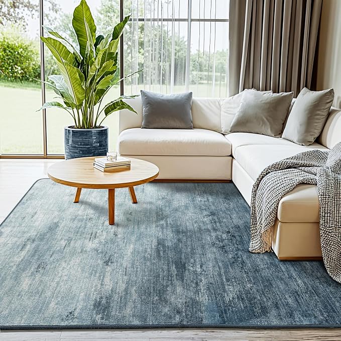 3x5 Washable Area Rug, Blue Solid Area Rugs for Living Room & Bedroom | Stain-resistant & Non-slip backing,Low Pile Washable Large Carpet, Solid Vintage Style For High Traffic Areas(3x5,Blue)
