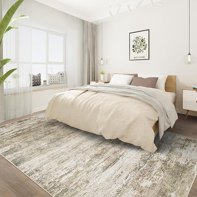 Washable Rug 6x9 Area Rugs for Living Room: Neutral Soft Rug Abstract Non Slip Low Pile Modern Carpet for Bedroom Kitchen Nursery Office Dining Room Indoor (Brown, 6'x9')