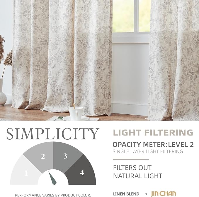 jinchan Floral Linen Blend Curtains for Living Room Verbena Grey French Country Farmhouse Curtains 63 Inches Long Light Filtering Window Back Tab Semi Sheer 2 Panels