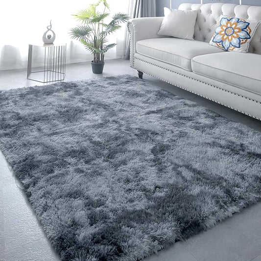 Area Rug 9x12 for Living Room - Large Shag Soft Grey Rug for Bedroom - Modern Non-Slip Plush Fuzzy Floor Carpet Tie-Dyed Dark Gray