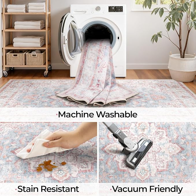 CAPALOCA Machine Washable Rugs Nursery Rug Sq8ft Cute Girl Non Slip Low Pile Water Repellent Soft Print Pattern for Bedroom Indoor Decor Kids Playroom Pink Blue