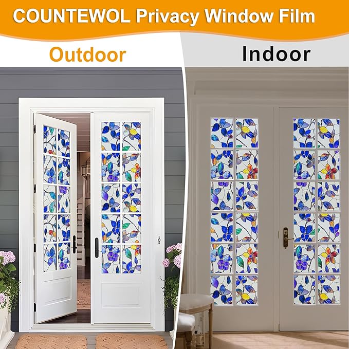 Countewol Colorful Leaf Static Cling Window Film Frosted Stained Glass Privacy Anti-Glare UV Protection for Home & Bathroom(Textured Stained Leaf, 35.4 x 78.7 in)