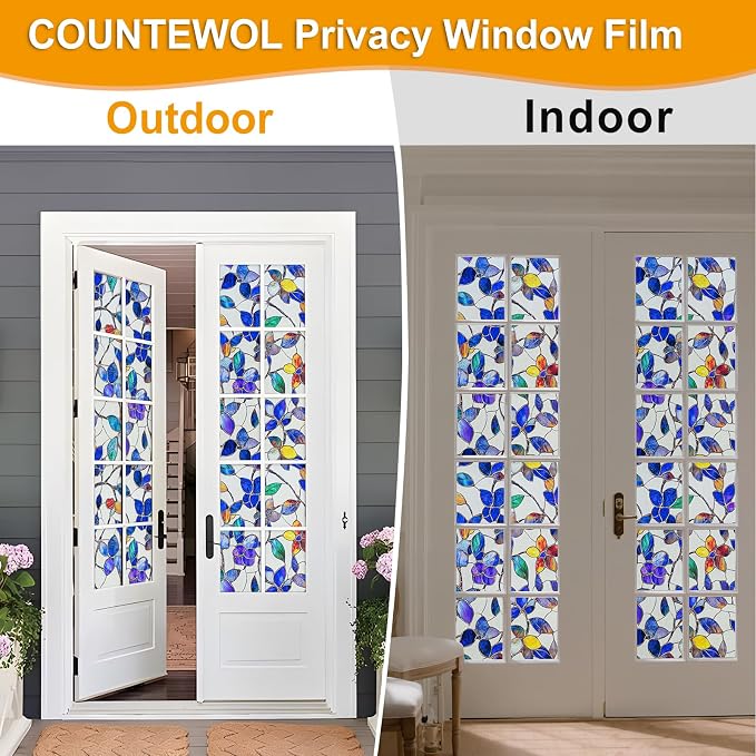 Countewol Colorful Leaf Static Cling Window Film Frosted Stained Glass Privacy Anti-Glare UV Protection for Home & Bathroom(Textured Stained Leaf, 17.5 x 157.4 in)